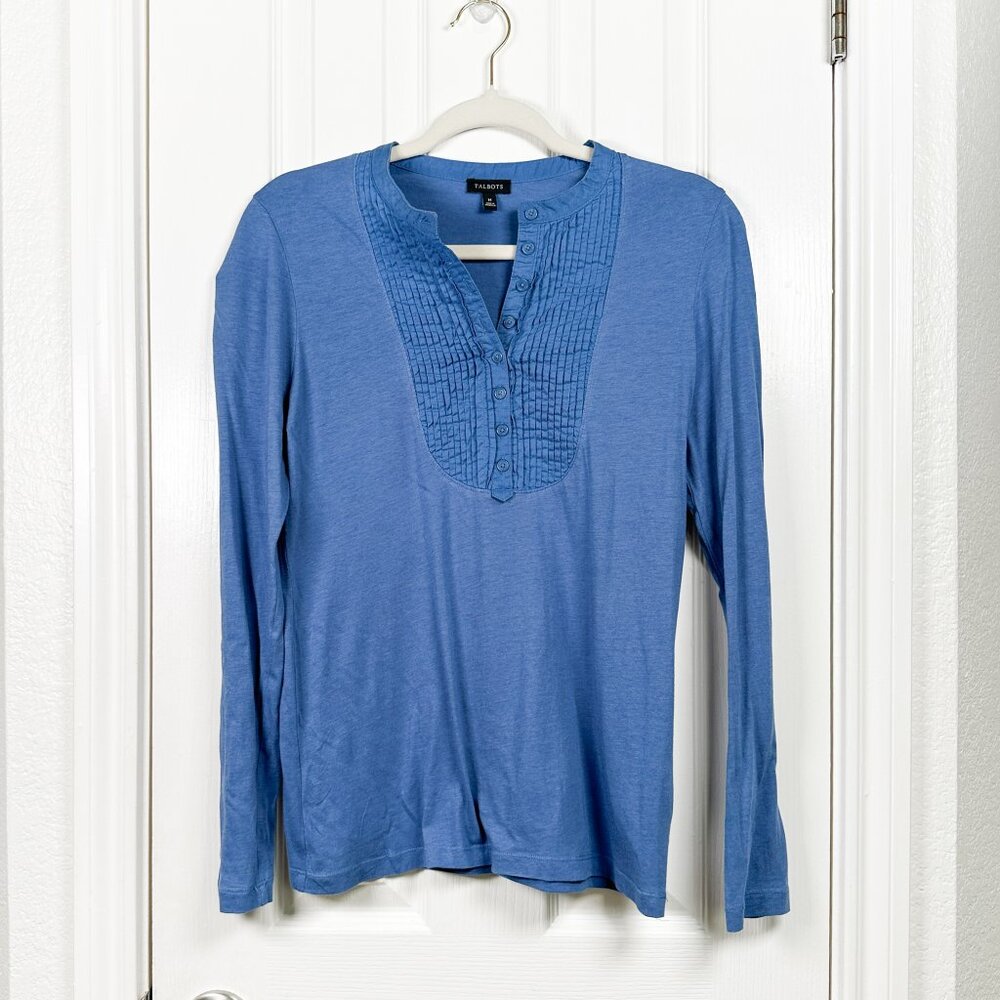 Talbots Blue Pintuck Henley Long Sleeve T-Shirt Medium Lightweight Spring Top